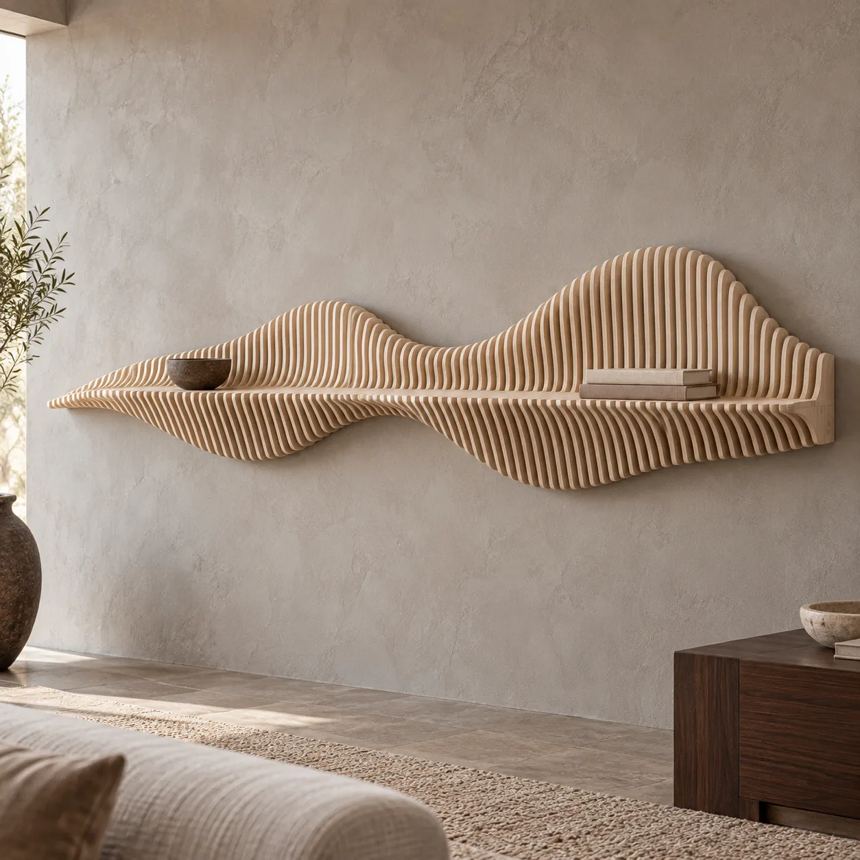 Grande étagère Sahab blanchie ivoire à deux vagues sur un mur enduit gris, au-dessus d'un salon